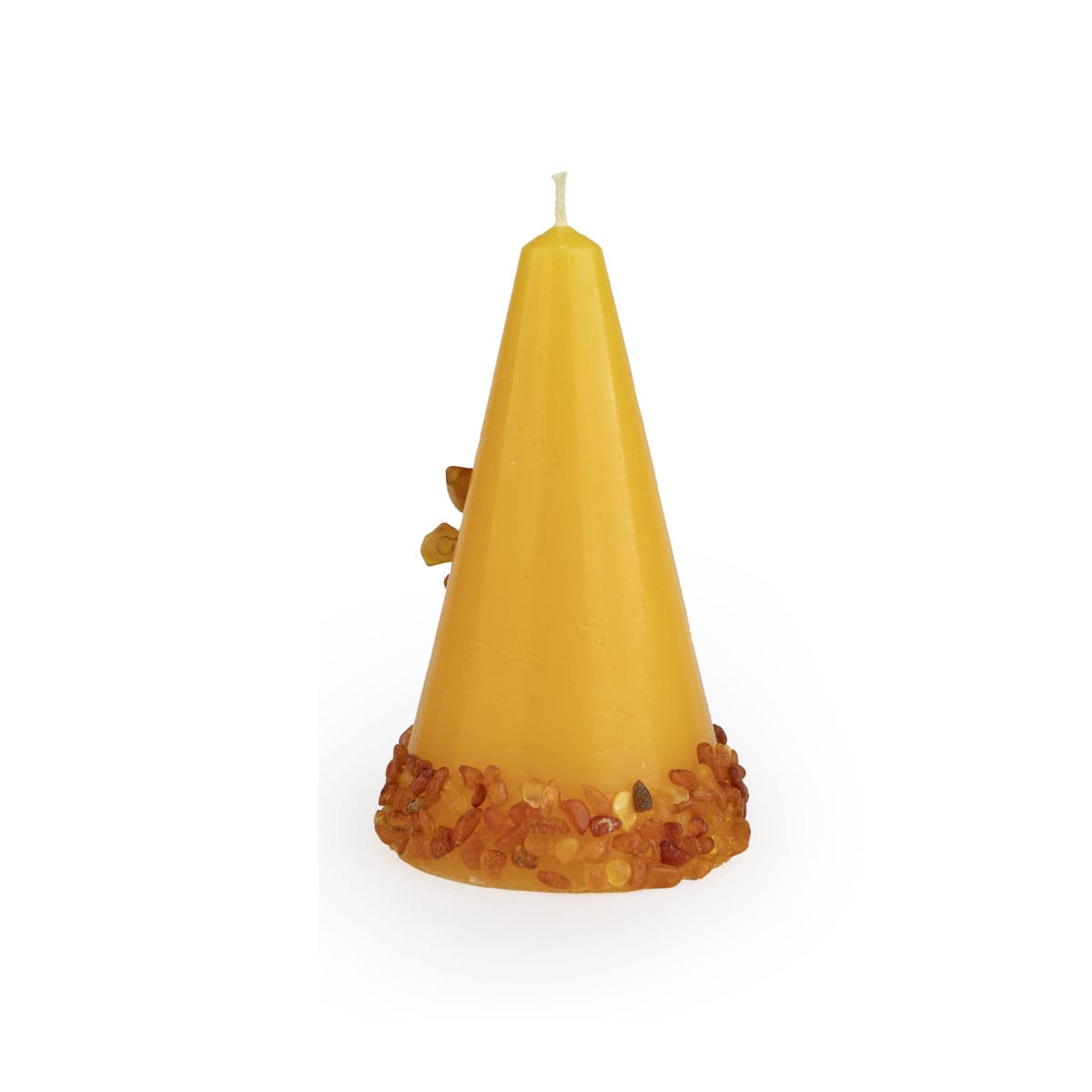 Candle with amber pieces, branch design, cone-shaped, yellow