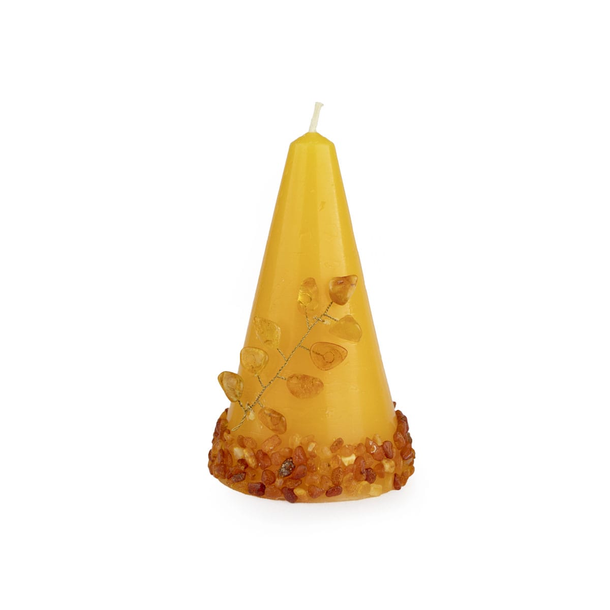 Candle with amber pieces, branch design, cone-shaped, yellow