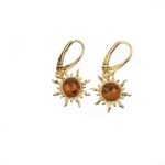 Silver Earrings in Sun Shape with Orange Amber Piece, Gold Plated