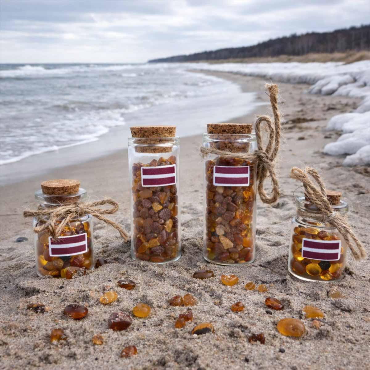 Amber pieces in a glass bottle