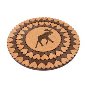 Wooden trivet / coaster - mooses and hearts, ⌀15 cm