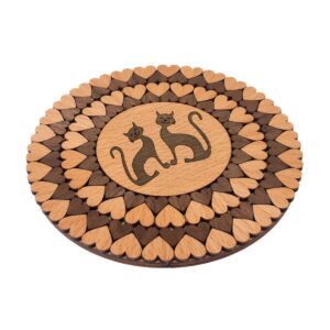 Wooden trivet / coaster - cats and hearts, ⌀15 cm