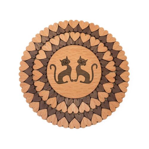 Wooden trivet / coaster - cats and hearts, ⌀15 cm