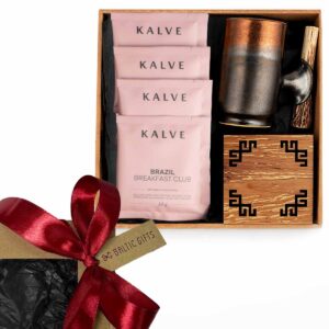 Gift set – mug with horn, kalve drip coffee, and wooden coaster