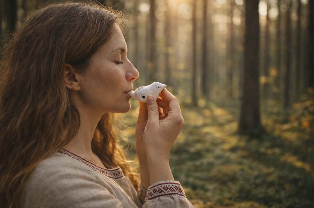 Clay whistle figurine, white, 8x4 cm
