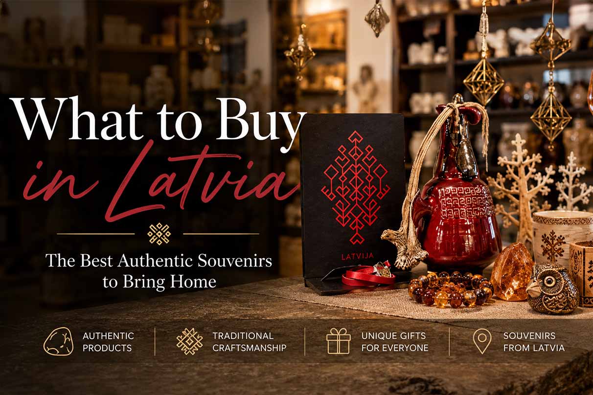 Latvian souvenirs flat lay with amber jewelry, ceramic jug, leather bracelet and wooden Latvia map sign on a wooden table