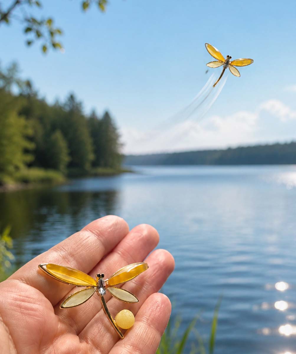 Amber dragonfly brooch, 5×3 cm