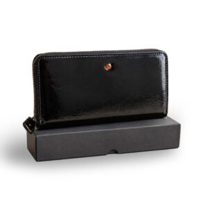 Genuine glossy leather wallet with amber, black
