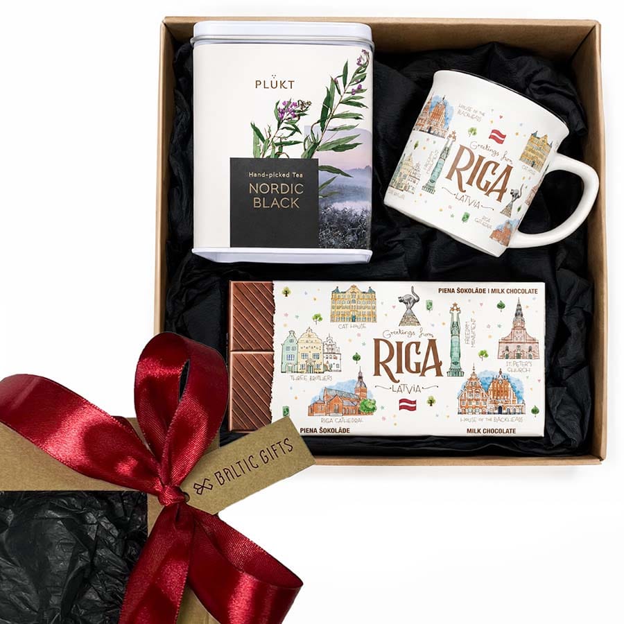 Riga gift set packed in kraft box with red ribbon and Baltic Gifts tag