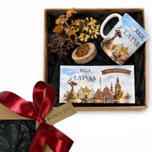 Riga gift set packed in kraft box with red ribbon and Baltic Gifts tag