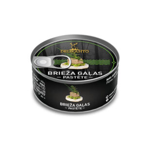 Delikanto deer meat pâté tin, angled view with forest design