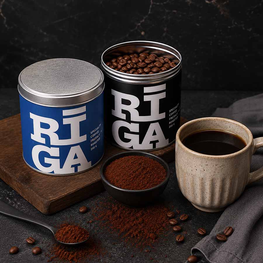 Riga Original coffee tins with fresh coffee beans, ground coffee and brewed cup