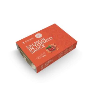 Diplomats salmon in tomato sauce box, English packaging