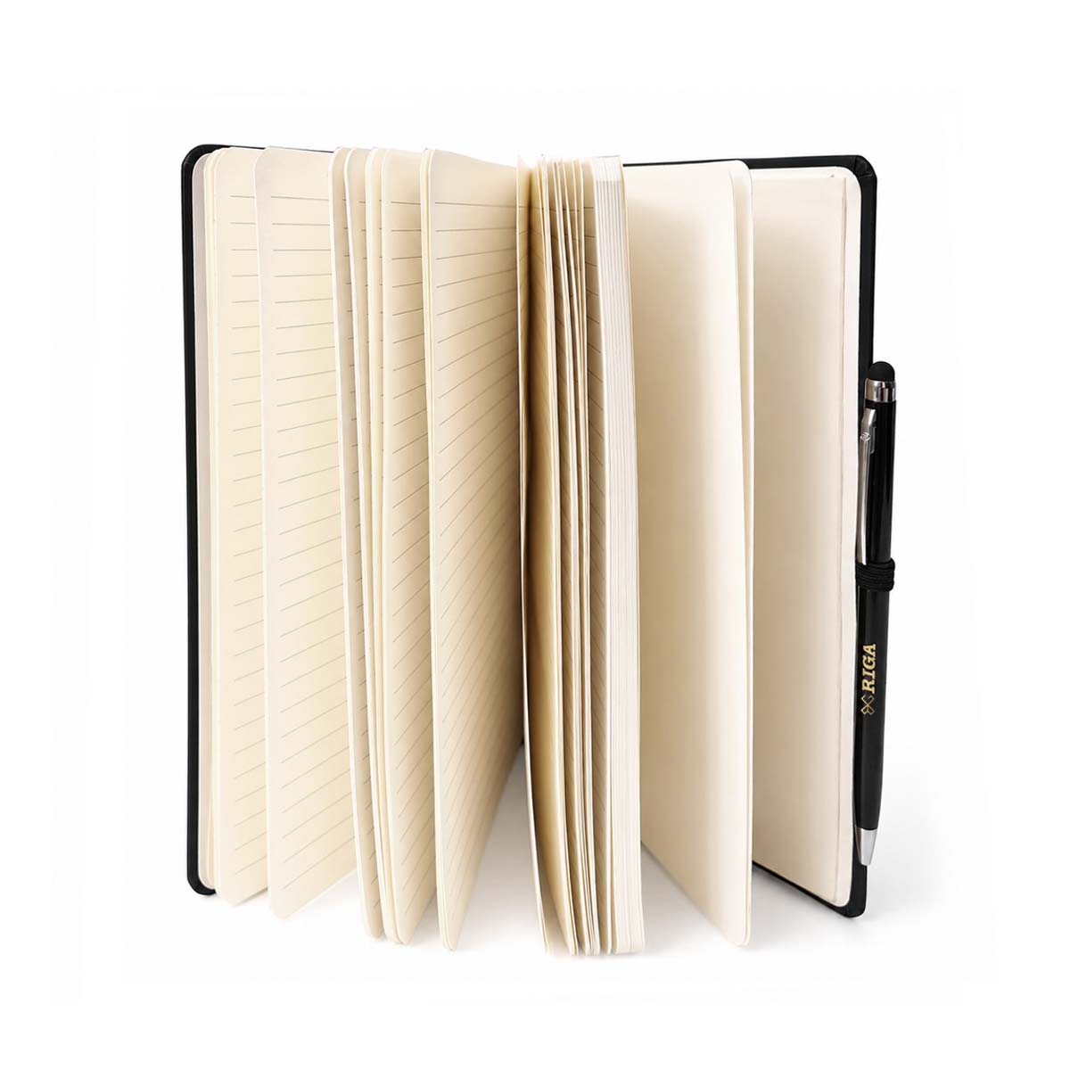 Riga notebook open showing ruled pages and pen holder
