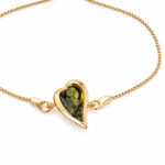 Silver Bracelet with Green Amber Heart, Gold-Plated