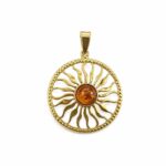 Silver Pendant in Sun Shape with Orange Amber Piece, Gold-Plated