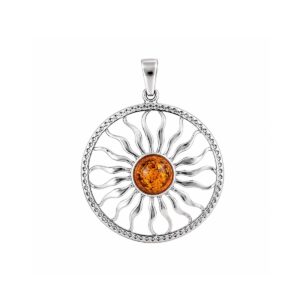 Silver pendant in sun shape with orange amber piece