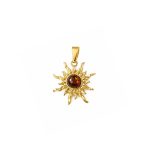 Silver Pendant in Sun Shape with Orange Amber Piece, Gold plated