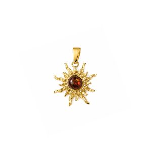 Silver pendant in sun shape with orange amber piece, gold plated