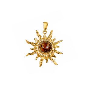 Silver pendant in sun shape with orange amber piece, gold plated