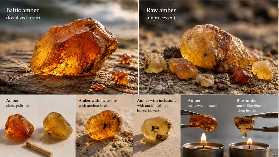 Comparison of Baltic amber and raw amber with natural inclusions