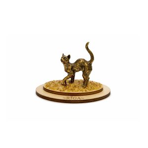 Amber cat on a wooden base “riga”, 6.5 × 4 cm
