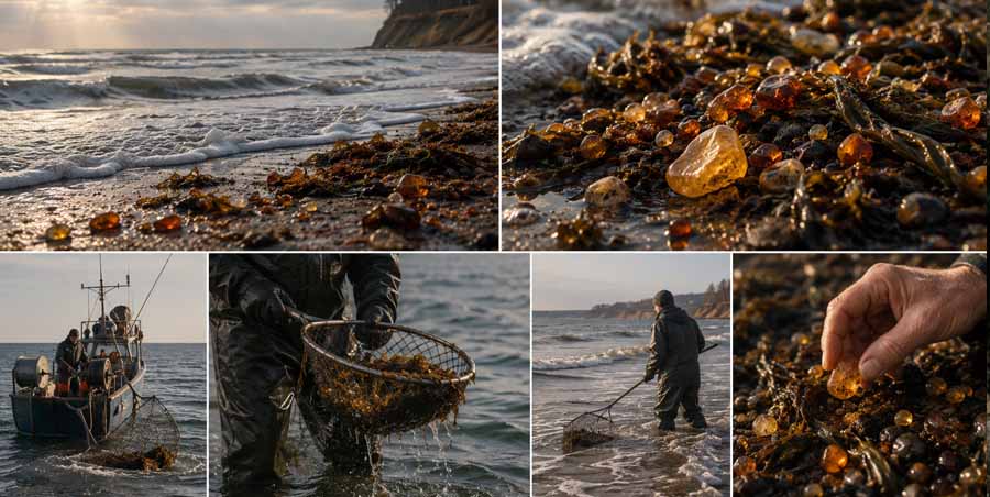 Baltic amber being collected and processed on the Baltic coast