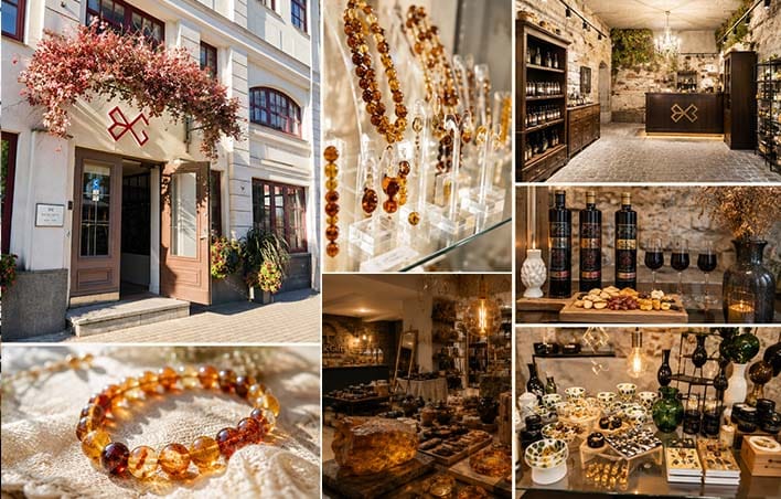 Baltic amber displayed in traditional Baltic cultural settings