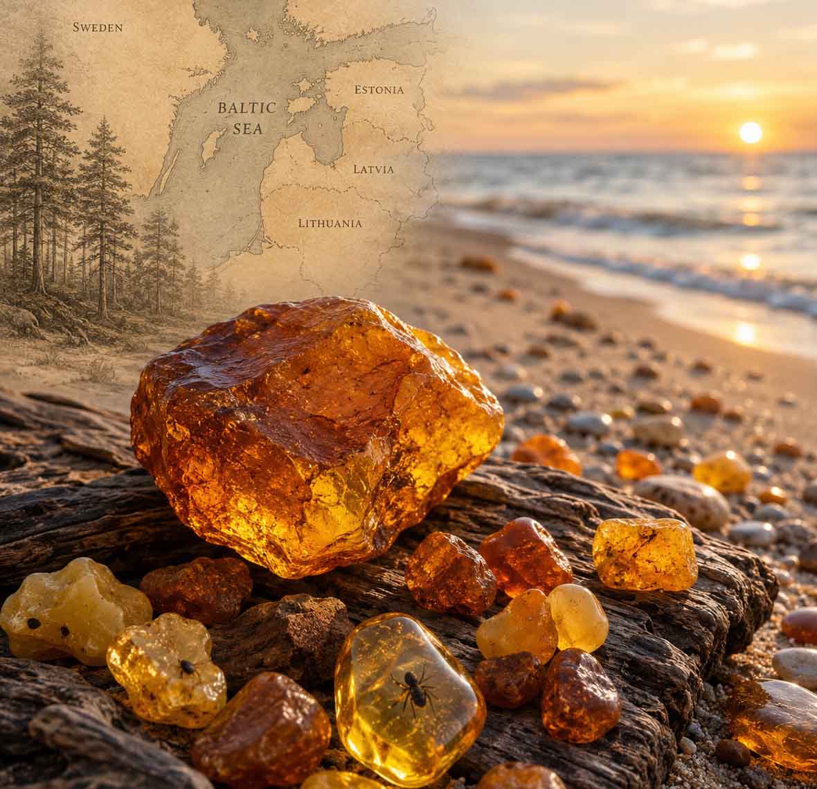 Natural Baltic amber stones on driftwood by the Baltic Sea