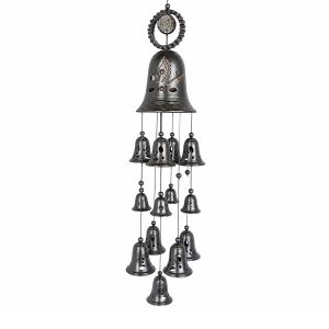 Ceramic wind chimes with ornament, black, 14 bells