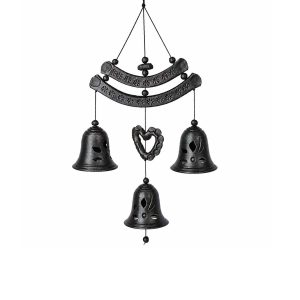 Ceramic wind chimes with heart and 3 bells, black