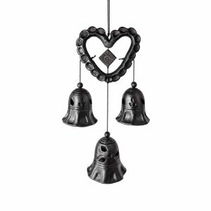 Ceramic wind chimes with heart and 3 bells, black