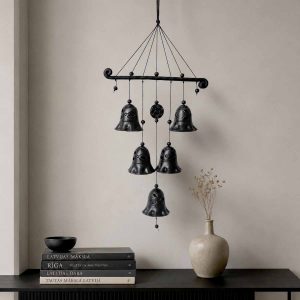 keramikas-veja-zvani-5-melni-mazi-lieli-1 Ceramic wind chimes with ornament, black, 5 bells