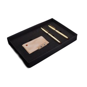 Pen gift set with amber & leather pouch