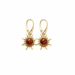 Silver sun earrings with orange amber, gold-plated