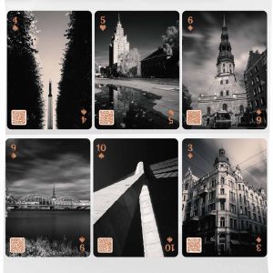 Interactive playing cards with qr — "riga", black & white