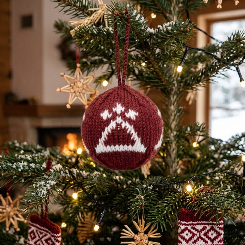 Knitted christmas bauble with god symbol, red