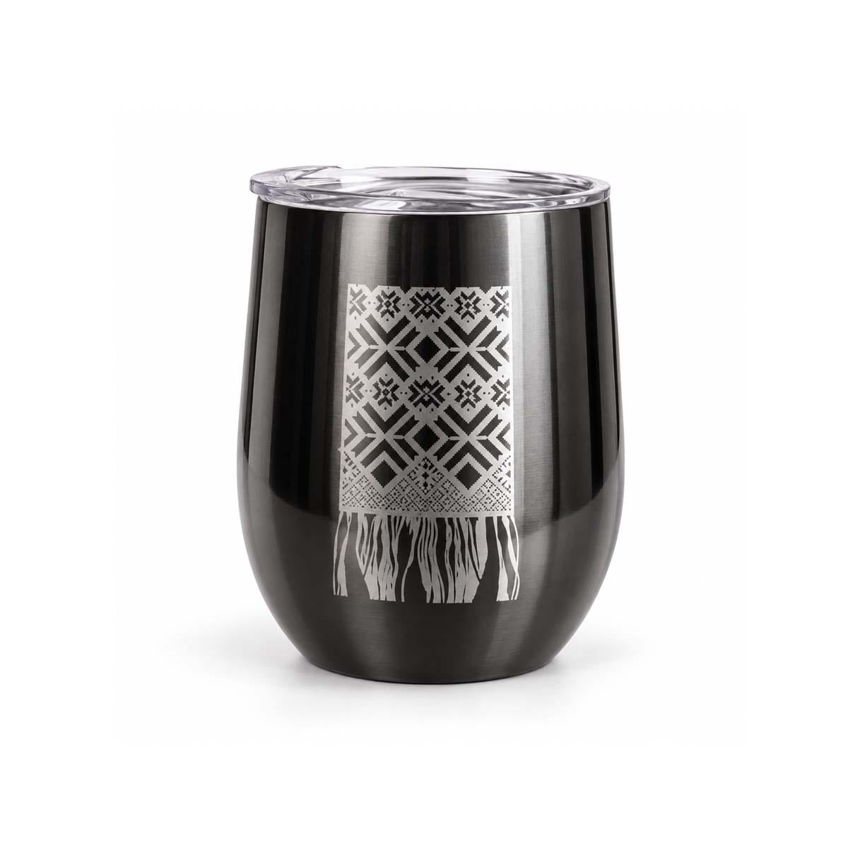 Black tumbler with lielvārde belt pattern, 400 ml